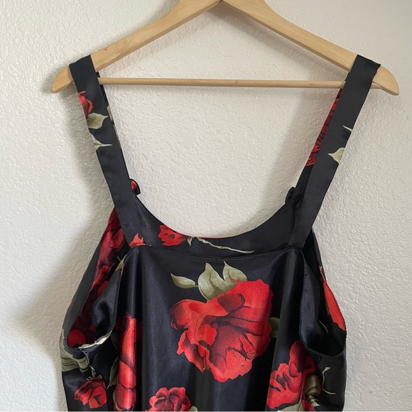 Vintage Satin Black & Red Stemmed Roses Floral Print Silky Slip Dress Just Love - Picture 6 of 9